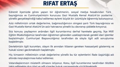 Balıkesir’in Edremit ilçesinde bir öğretmenin Türk bayrağına ve Cumhuriyetin kurucusu