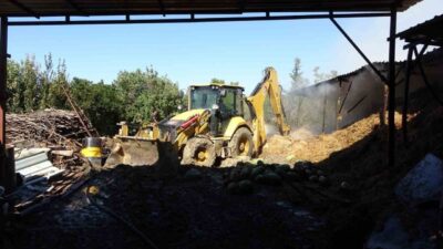Manavgat ilçesi Gündoğdu Mahallesi Kırlı mevkiinde meydana gelen yangında, ahır