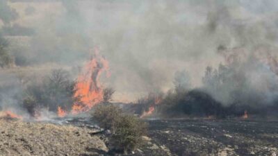 Çukurca beldesi Çatak mevkisinde çıkan arazi yangını, kısa sürede büyüyerek