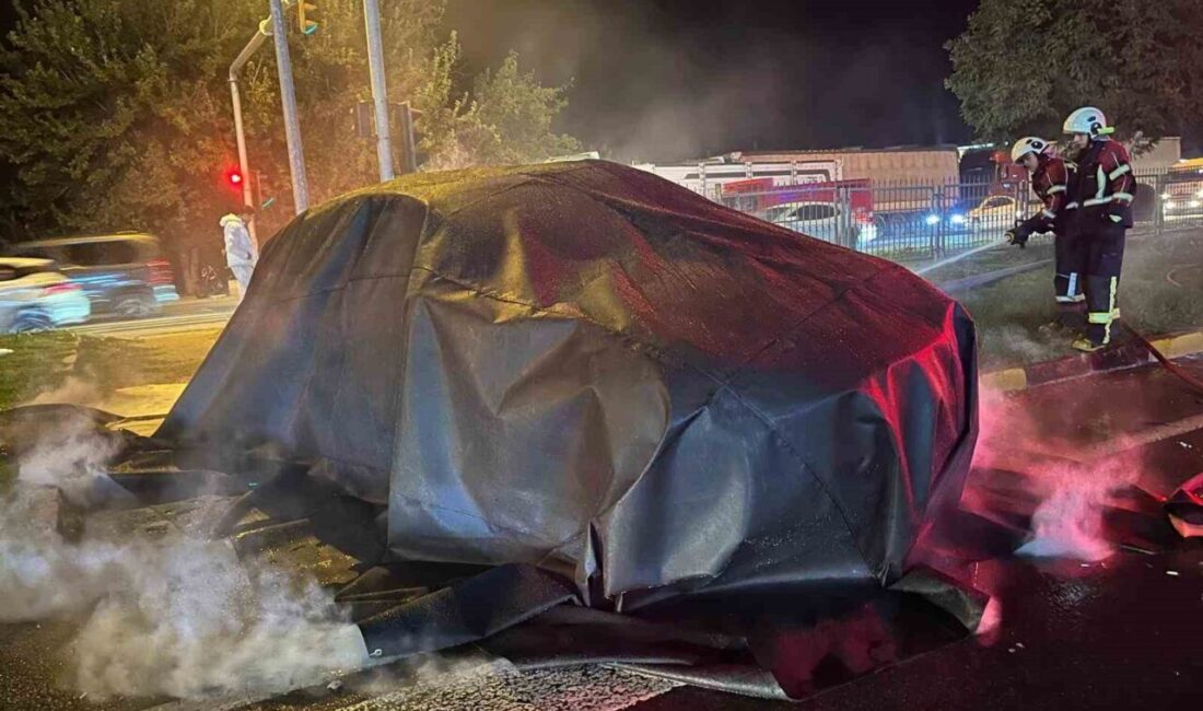 Aydın’ın Efeler ilçesinde tırla çarpıştıktan sonra alev alan Tesla marka