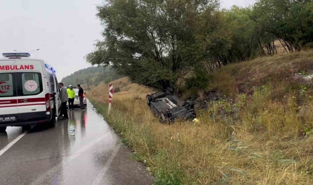 Erzurum-Pasinler karayolunda yağmur nedeniyle kayganlaşan zeminde direksiyon hakimiyetini kaybeden bir