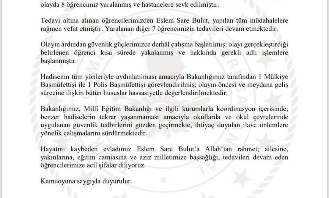 İstanbul’un Başakşehir ilçesinde bulunan bir ortaokulda meydana gelen olayda İçişleri