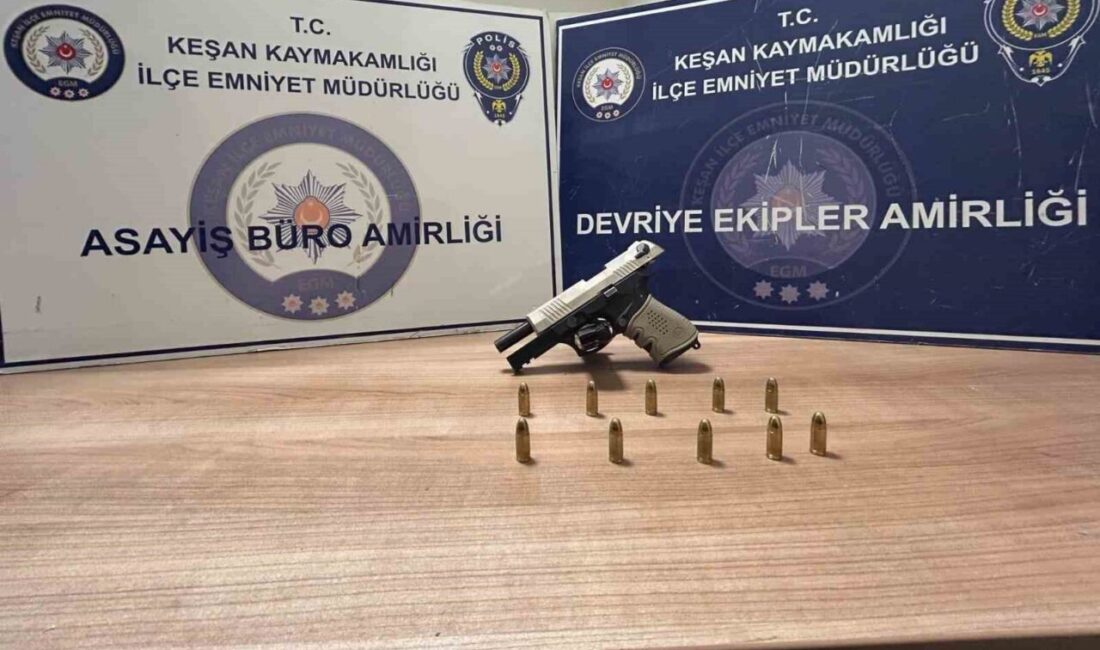 Keşan ilçesinde, polis bir şüpheliyi üzerinde tabanca ve 10 fişek