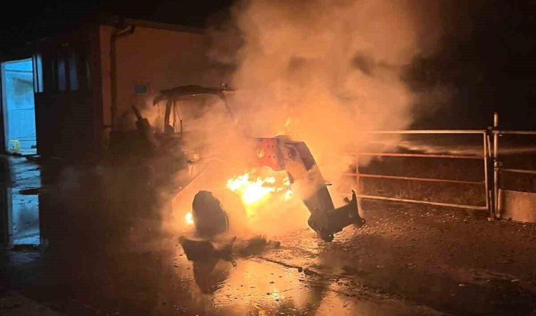 Babaeski ilçesindeki bir çiftlikte meydana gelen yangında bir iş makinesi