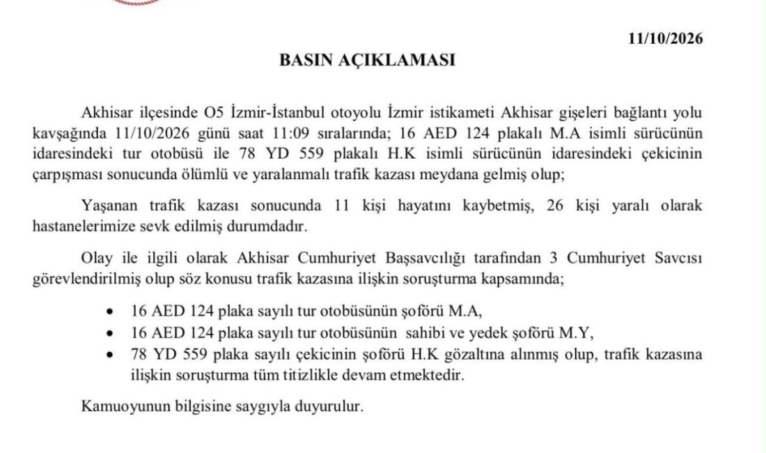 Manisa’nın Akhisar ilçesinde meydana gelen trafik kazasında 11 kişinin yaşamını