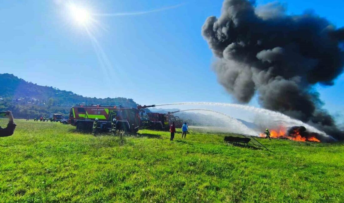 Ordu-Giresun Havalimanı’nda gerçekleştirilen acil durum tatbikatı, senaryo gereği pistten çıkarak