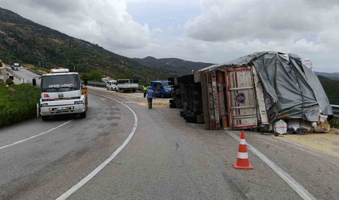 Manavgat ilçesinde saman balyası yüklü bir tırın devrilmesi sonucu sürücü