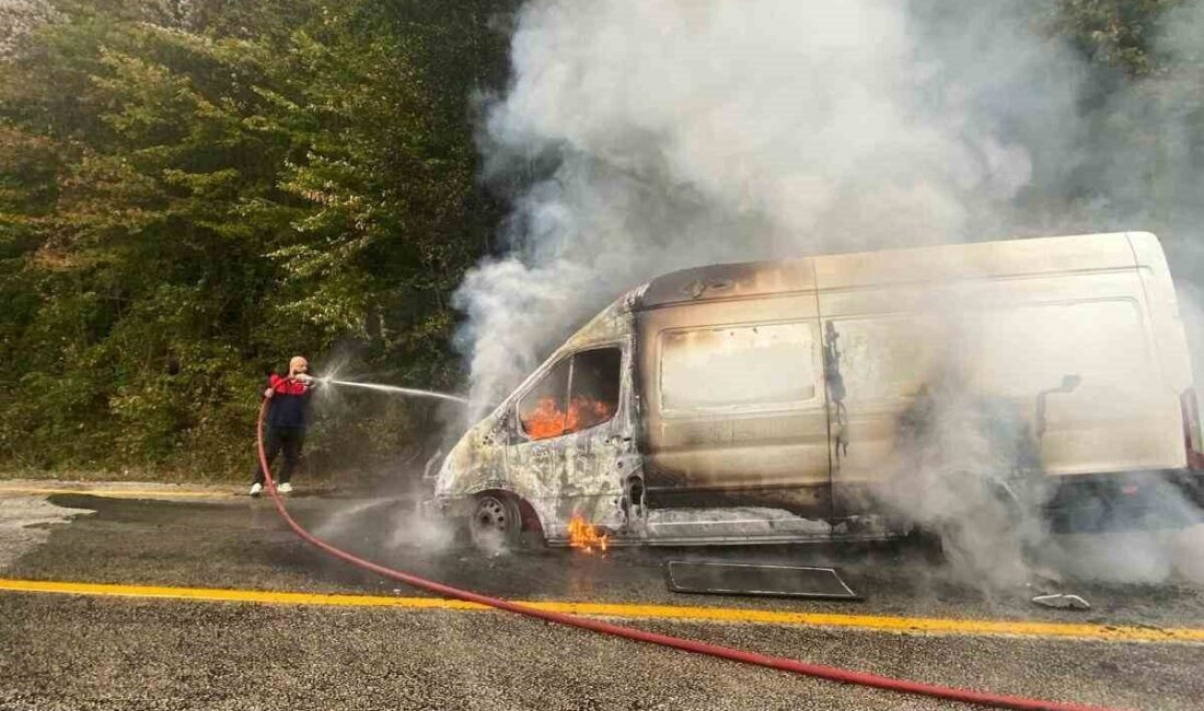 Kastamonu’nun Cide ilçesinde seyir halindeyken bir panelvan aracında çıkan yangın,