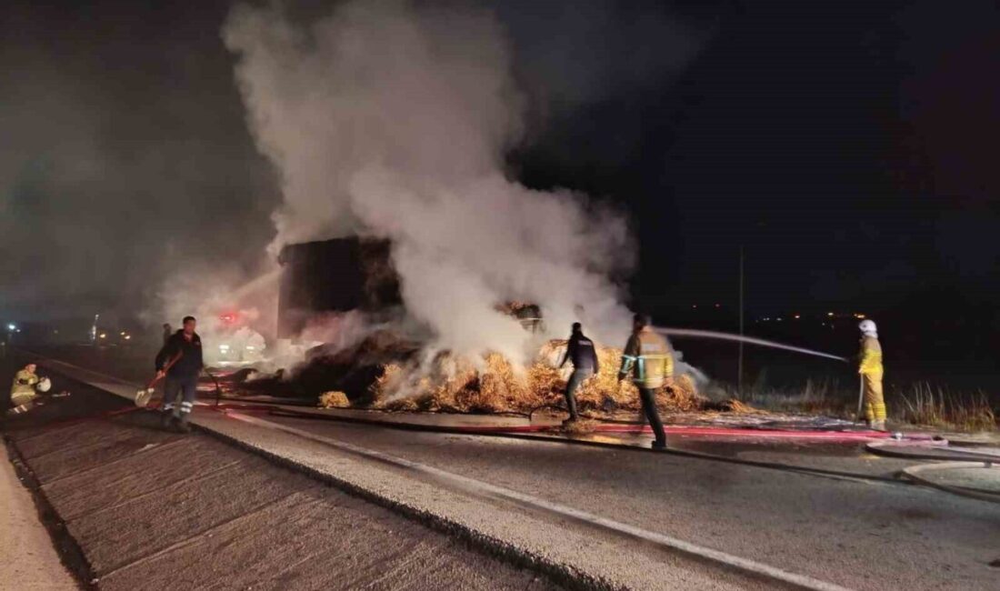 Çanakkale’nin Ayvacık ilçesinde bir saman yüklü tırın seyir halindeyken alev