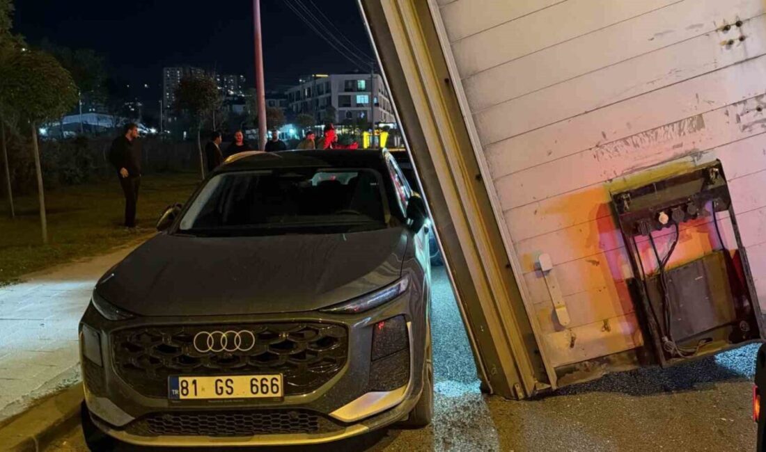 Düzce ilinde tırın dorsesinin düşmesi sonucu panik yaşandı. Dorsenin devrilmesi
