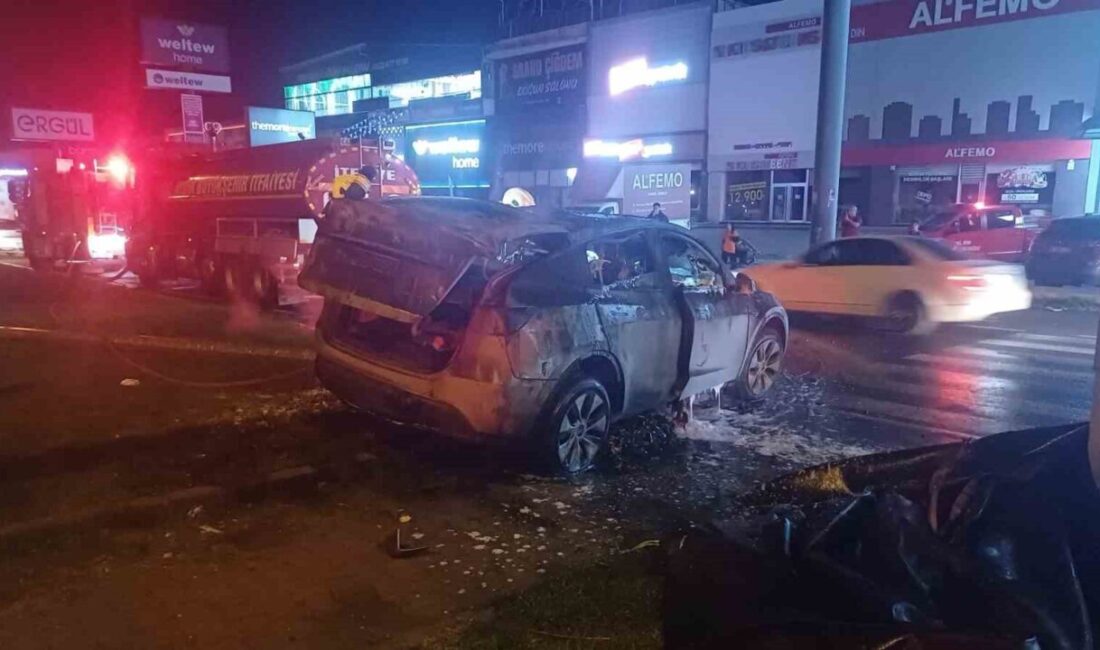 Aydın’ın Efeler ilçesinde tırla çarpışan Tesla marka otomobil alev topuna